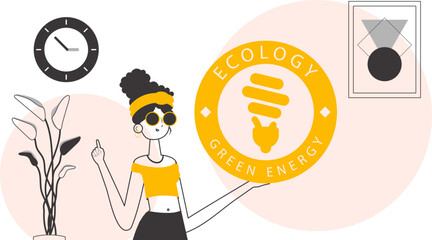 The girl holds the green energy logo in her hand. Lineart trendy style.