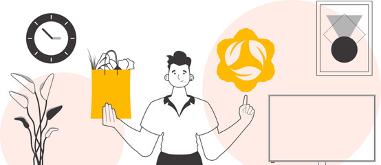 The concept of reasonable consumption. Guy, package with groceries and eco logo. Lineart style.