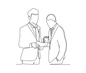 Continuous line art drawing of two businessman having small discussing over drink coffee during office break. Business people single line art drawing vector illustration.