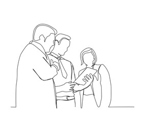 Continuous line art drawing of business man and business woman discussion. Business people single line art drawing vector illustration.