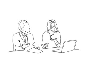 Continuous line art drawing of business man and business woman discussion at the table. Business discussion single line art drawing vector illustration.