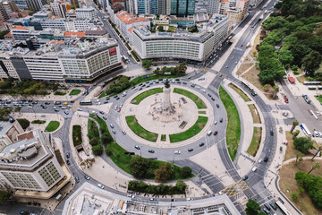Aerial view of Marquis of Pombal Square (Praca do Marques de Pombal), Lisbon, Portugal.