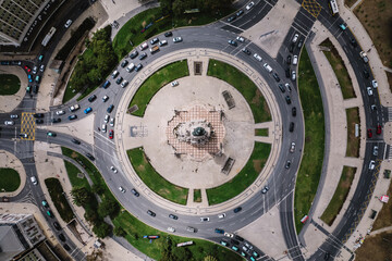 Aerial view of Marquis of Pombal Square (Praca do Marques de Pombal), Lisbon, Portugal. Top view.