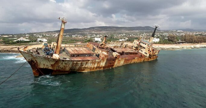 Aerial view of abandoned ship wreck EDRO III in Pegeia, Paphos, Cyprus.