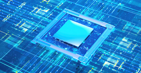 3D rendering of cyberpunk AI. Circuit board. Technology background. Central Computer Processors CPU and GPU concept. Motherboard digital chip. Tech science background.