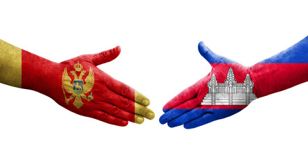 Handshake between Cambodia and Montenegro flags painted on hands, isolated transparent image.