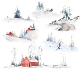 Watercolor hand drawn Christmas compositions. Winter foggy landscapes, scandinavian village scene set. Snow, red houses, road, trees spruce, birds. New year illustrations isolated on white background