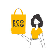 The girl is holding an eco-package in her hands. Ecology conservation concept. Linear modern style. 
