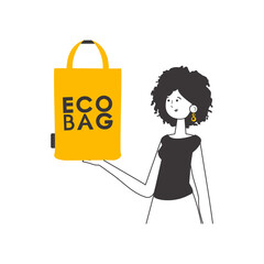 The girl is holding an eco-package in her hands. Ecology conservation concept. Lineart trendy style. 