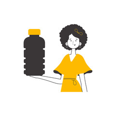 The woman is holding a bottle in her hand. Linear modern style. 