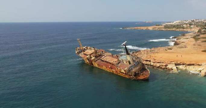 Aerial view of abandoned ship wreck EDRO III in Pegeia, Paphos, Cyprus.