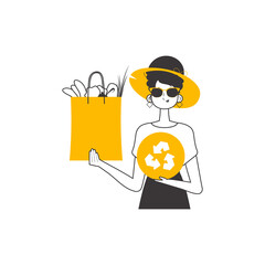 Woman, package with products and eco logo. The concept of ecological products. Lineart trendy style. 