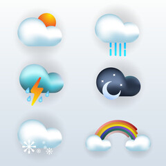 Set of weathers widget ui design. Sunny, Rainy, thunderstorm, nighly, snowly, rainbow. Professional web design, full set of elements. Beauty mobile weather app User-friendly design materials