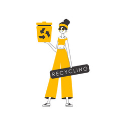 A woman is holding a trash can. Waste recycling concept. Linear style. 