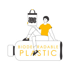 A man holds an eco-package in his hands. Ecology conservation concept. Linear style.