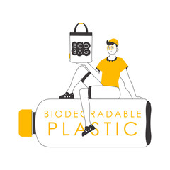 A man holds an eco-package in his hands. Ecology conservation concept. Linear trendy style.