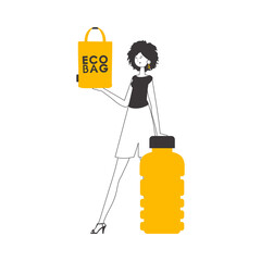 A woman holds an eco-package in her hands. The concept of ecological bags and plastic. Lineart trendy style. 