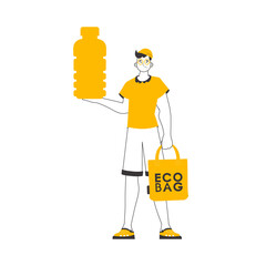 A man holds in his hands an eco bag and a bottle made of biodegradable plastic. The concept of reasonable consumption. Lineart style.