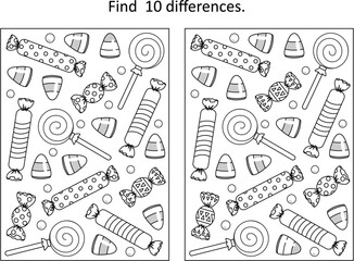 Halloween candy difference game and coloring page
