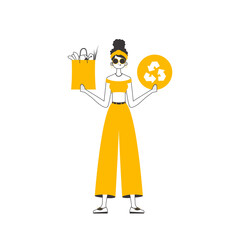 Girl, package with products and eco logo. The concept of reasonable consumption. Lineart style. 