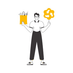 Boy, package with products and eco logo. The concept of ecological products. Linear style. 