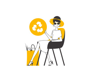 Girl, package with products and eco logo. The concept of reasonable consumption. Linear modern style. 