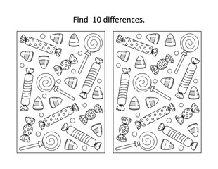 Halloween candy difference game and coloring page
