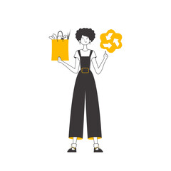 Girl, package with products and eco logo. The concept of ecological products. Lineart style. 