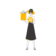 Girl, package with products and eco logo. The concept of ecological products. Lineart trendy style. 