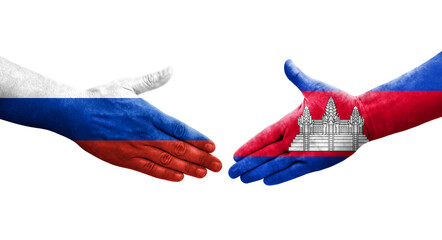 Handshake between Cambodia and Russia flags painted on hands, isolated transparent image.