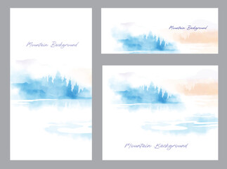 set watercolour landscape mountain and pine background for art print and design