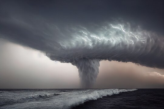 Huge Tornadoes In Stormy Sky Devastate Ocean Extreme Weather