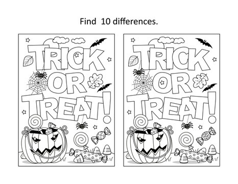 Halloween "Trick or treat!" find the differences picture puzzle and coloring page
