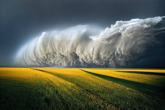 Ominous storm clouds swirl bringing rain and wind over field. Powerful hurricane or thunderstorm formation. Natural disaster incoming over farmland and adverse weather condition