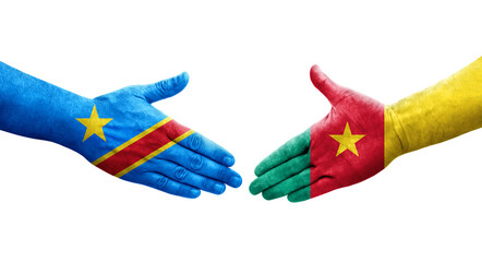 Handshake between Cameroon and Dr Congo flags painted on hands, isolated transparent image.