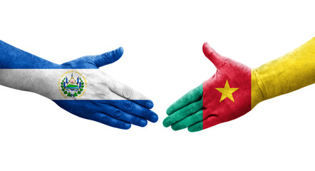 Handshake between Cameroon and El Salvador flags painted on hands, isolated transparent image.