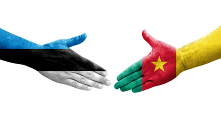 Handshake between Cameroon and Estonia flags painted on hands, isolated transparent image.