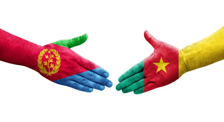 Handshake between Cameroon and Eritrea flags painted on hands, isolated transparent image.