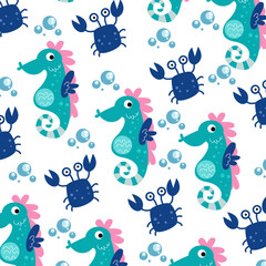 Seamless pattern with cute crabs and seahorses perfect for wrapping paper