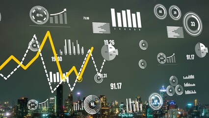 Business data analytic interface fly over smart city showing alteration future of business intelligence. Computer software and artificial intelligence are used to analyze big data for strategic plan .