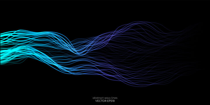 AI Artificial intelligence wave lines neural network purple blue and green light isolated on black background. Vector in concept of technology, machine learning, A.I.
