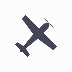 Private light propeller aircraft silhouette. Aircraft top view icon. Flat vector illustration isolated on white background.
