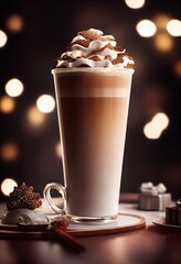 hot chocolate thanksgiving food photography photo with christmas lights and cookies and snowflakes.
