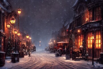 Snowy street with Christmas trees and lights