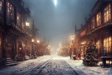 Snowy street with Christmas trees and lights