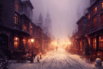 Snowy street with Christmas trees and lights