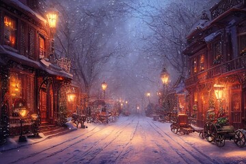 Snowy street with Christmas trees and lights