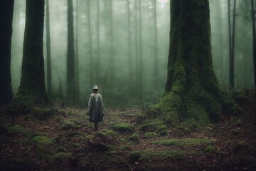 person in the forest walking green trees fog
