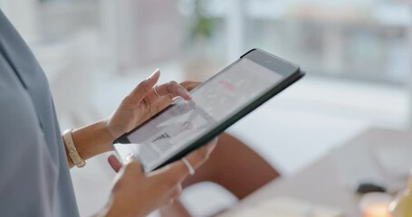 Woman, tablet and startup alone with business in marketing, social media or seo on internet. Black woman, technology and device for communication, advertising and working in office on digital project