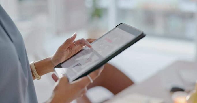 Woman, tablet and startup alone with business in marketing, social media or seo on internet. Black woman, technology and device for communication, advertising and working in office on digital project